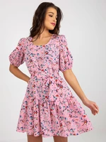 Pink flowing floral dress with ruffle