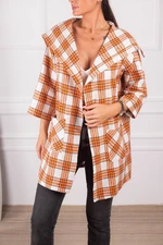 armonika Women's Light Orange Plaid Loose Jacket with Pocket