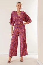 By Saygı Front Back V-Neck Bat Sleeve Blouse with Elastic Waist Pockets Palazzo Pants Leaf Patterned 2-Piece Set.