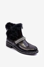 Low patent leather ankle boots with fur and decorations. Barski Black