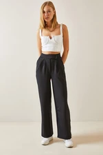 XHAN Black Velcro Fastener Stitched Palazzo Pants