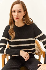 Olalook Women's Black Collar and Skirt Detailed Striped Knitwear Sweater