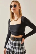 XHAN Black Square Neck Gathered Crop Blouse