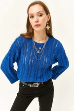 Olalook Women's Saxe Blue Hair Braided Openwork Knitwear Sweater