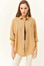 Olalook Women's Camel Side Button Detailed Oversize Woven Shirt