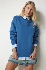 Happiness İstanbul Women's Indigo Blue High Neck Basic Raised Sweatshirt