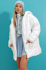 Trend Alaçatı Stili Dámské Bílá Kapuce Vnější Kapsa Puffer Módní Oversize Down Coat