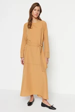 Trendyol Camel Belted Stitch Detail Sukienka tkana z szerokim mankietem