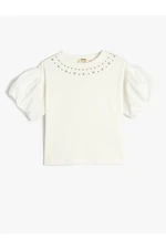 Koton Balloon Sleeve T-Shirt Crew Neck Embroidered Detailed Cotton.