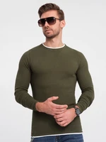 Ombre Men's cotton sweater with round neckline - dark olive