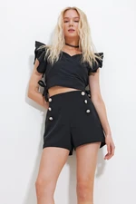 Trend Alaçatı Stili Women's Black High Waist Hidden Zipper Front Buttoned Woven Shorts