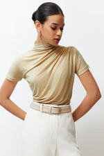 Trendyol Stone Ruffle/Drape Detail Fitted/Fitted Short Sleeve Stand Collar Stretchy Knitted Blouse