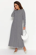 Trendyol Black and White Shoulder Button Detailed Knitted Striped Dress