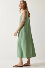 Happiness İstanbul Women's Almond Green Wide Pocket Summer Muslin Dress