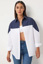 Happiness İstanbul Women's Navy Blue White Block Color Boyfriend Shirt