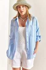 Bianco Lucci Women's Double Pocket Oversize Linen Shirt