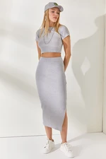 Olalook Gray Short Sleeve Slit Skirted Lycra Suit