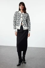 Trendyol Black Soft Texture Leopard Patterned Polo Collar Knitwear Cardigan