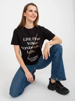 Black women's T-shirt with inscriptions and round neckline