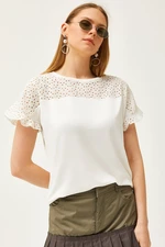 Olalook Women's Ecru Scalloped Sleeve Flounce T-shirt