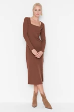 Trendyol Brown Ribbed Square Neck Fitted Long Sleeve Slit Midi Dress