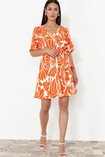 Trendyol Orange Printed Pool Neck Belted Relaxed Cut Flexible Midi Knitted Dress