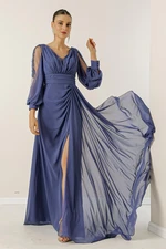 By Saygı V-Neck Long Evening Chiffon Dress with Draping and Lined Sleeves.