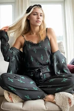 22168 Dewberry Womens Pyjama Set with Dressing Gown-BLACK-GREEN