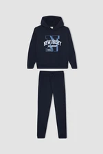 DEFACTO Boy's Printed Hooded Sweatshirt Sweatpants 2-Piece Set