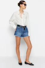 Trendyol Dark Blue Ripped High Waist Denim Shorts