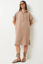 Happiness İstanbul Women's Biscuit Polo Neck Summer Loose Muslin Dress