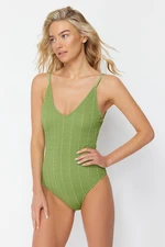 Trendyol Green V-Neck Textured Regular Swimsuit