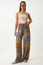 Happiness İstanbul Women's Plum Mustard Patterned Loose Viscose Palazzo Trousers