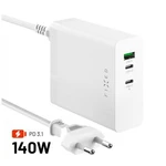 Síťová GaN nabíječka FIXED Charging Station s 2xUSB-C a USB výstupem, podpora PD 3.1, 140W, bílá