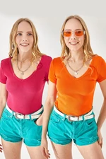 Olalook Women's Fuchsia-Orange V-Neck Short Sleeve 2-Pack Suit Blouse