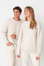 Trendyol White Oversize Wide Pattern Crew Neck Hair Knitted Sweater