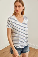 Olalook Women's Indigo V-Neck Striped Filthy Stitching Casual T-Shirt