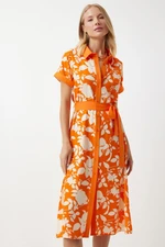 Happiness İstanbul Women's Orange Floral Summer Slim Viscose Dress