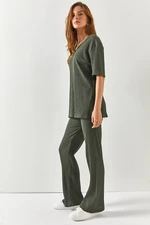 Olalook Women's Khaki Top V-neck Lower Palazzo Corduroy Suit