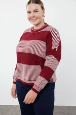 Trendyol Curve Red-Ecru Striped Textured Crew Neck Knitwear Sweater