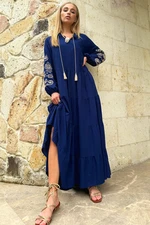 Trend Alaçatı Stili Women's Navy Blue Prevailing Collar Sleeves Embroidered Layered Flounced Woven Viscose Dress