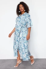 Trendyol Curve White-Blue Shally Woven Plus Size Dress