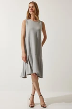 Happiness İstanbul Women's Stone Gray Crew Neck Knitted Flounce A-Line Dress