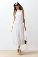 Trendyol White Plain Texture A-line/Bell Form Crew Neck Texture Maxi Dress