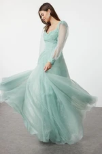 Trendyol Mint A-Cut Woven Long Elegant Evening Dress