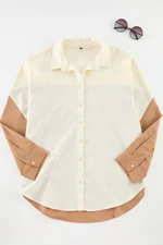 Trendyol Curve Ecru Color Block Boyfriend Wide Fit Woven Shirt