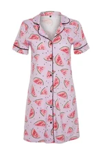 Trendyol Curve Pink Watermelon Patterned Shirt Collar Piping Knitted Nightgown