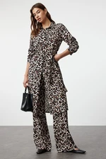 Trendyol Brown Leopard Patterned Belted Viscose Regular Woven Bottom-Top Set