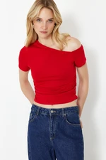 Trendyol Red Gathered Asymmetrical Collar Stretchy Knitted Blouse