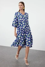 Trendyol Blue Floral Patterned Wide Cut V-Neck Woven Dress